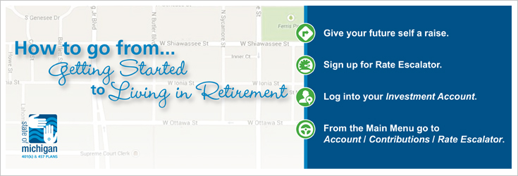 How to go from Getting Started to Living in Retirement: Give your future self a raise. Sign up for Rate Escalator. Log in to your Investment Account. From the Main Menu go to Account / Contributions / Rate Escalator.